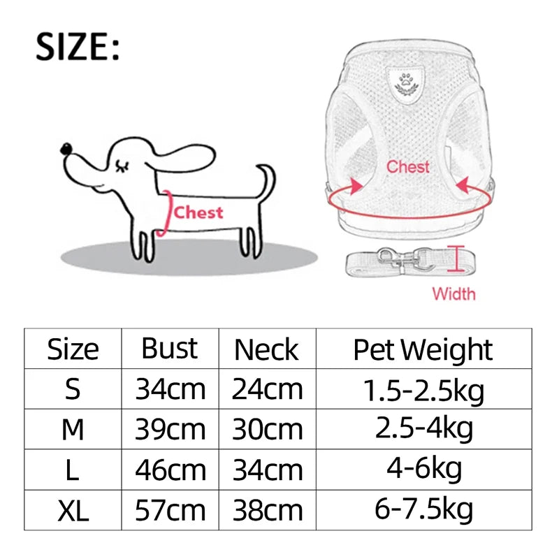 Conjunto de arnês ajustável para animais de estimação e coleira, colete respirável para pug, chihuahua, bulldog