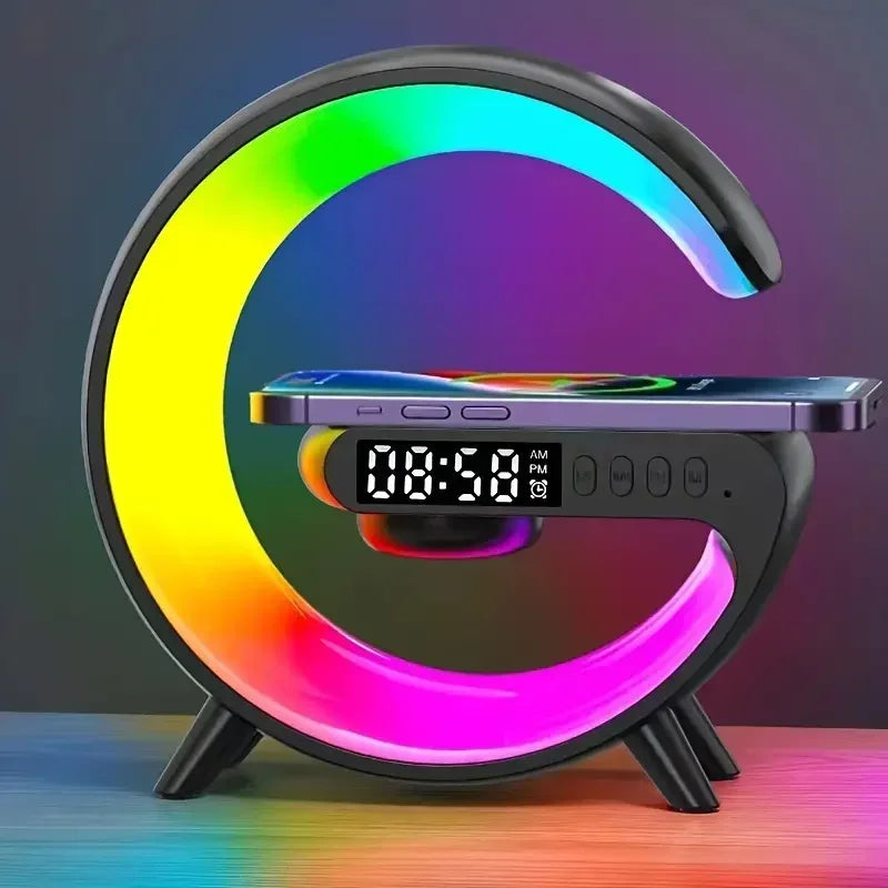 Suporte para carregador sem fio multifuncional, luz RGB, despertador, alto-falante, para iPhone, Samsung, Xiaomi